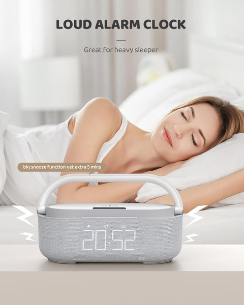 COLSUR Radio Alarm Clock Bluetooth Speaker, 15W Wireless Charger Alarm Clocks Bedside, Night Light, Loud Volume for Heavy Sleepers, Snooze, Dimmable LED Display, 2500mAh Battery