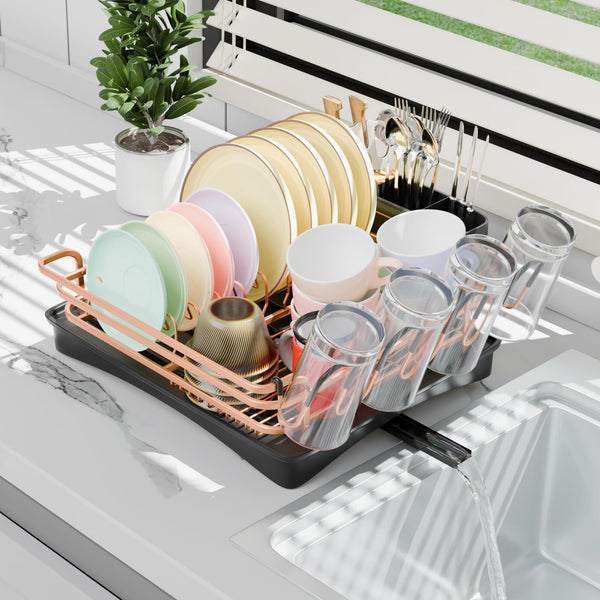 BRIAN & DANY Aluminum Dish Drying Rack, Dish Drainer with Removable Cutlery Holder & Cup Holder, Unique 360 Swivel Spout Drain Board