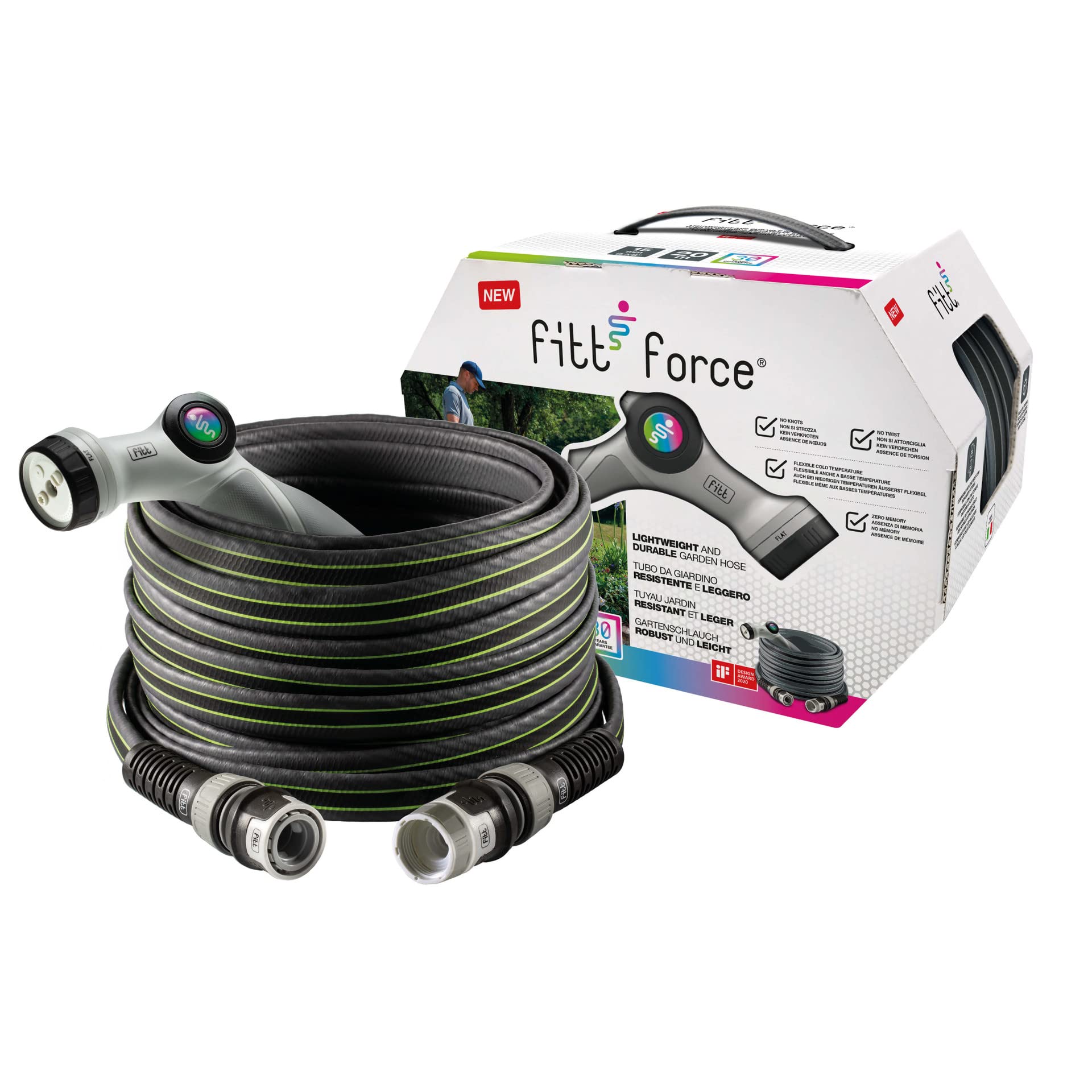 FITT Force 5/8" 20m, Garden Water Hose for Irrigation, Compact, Light and Resistant for Intensive use, with Multi-Jet Gun, Grey with Green Stripes