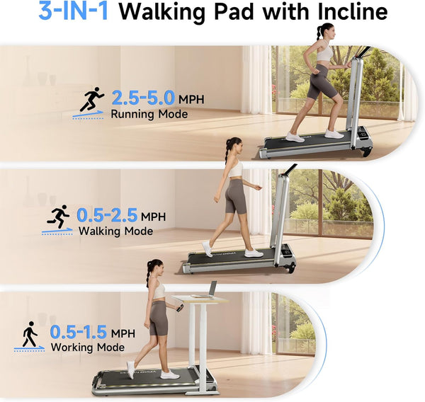 YPOO Walking Pad with Incline 3 in 1 Walking Pad with Handle 3 Level Incline, Portable Folding Treadmills for Home Foldable 300lbs Under Desk Treadmill LED Display Remote Control & APP