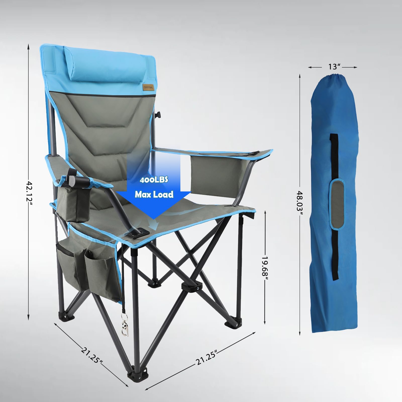 Outdoor Folding Camping Chair -Oversize Camping Chairs for Adults,Support 400lbs with Pillows & Cup Holders & Cooler Bags- Heavy Duty Collapsible Chairs for Sports Garden Beach Fishing(Grey Blue)