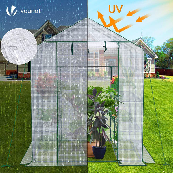 VOUNOT? Walk In Greenhouse with Shelves, Roll up Zip Panel Door Garden Plastic Polytunnels Grow House for Outdoor Use, White 143x143x195cm