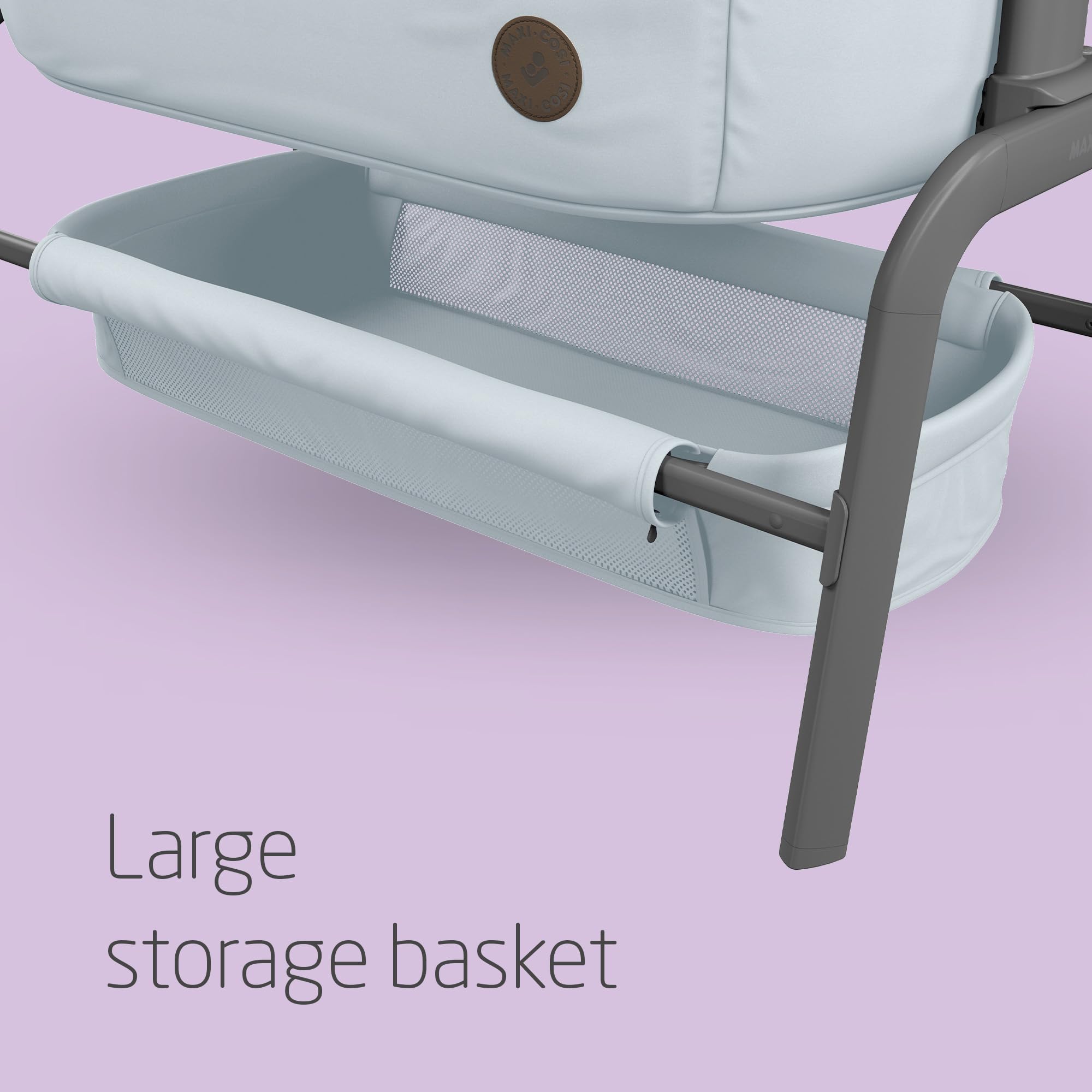 Maxi-Cosi Iora Co-Sleeper Crib, Foldable Baby Bedside Crib, 0–6 Months, max 9 kg, 4 Incline & 5 Height Positions, Easy Slide, Comfortable Mattress, Large Basket, Easy to Carry, Essential Grey