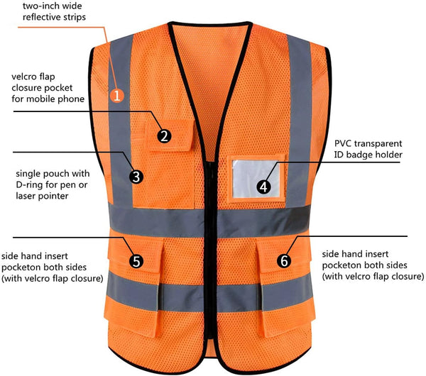 Hi Vis Vests for Women Men High Visibility Reflective Safety Security Vest with Pockets Zipper Front Meets ANSI/ISEA Standards（3X-Large,Orange(mesh))