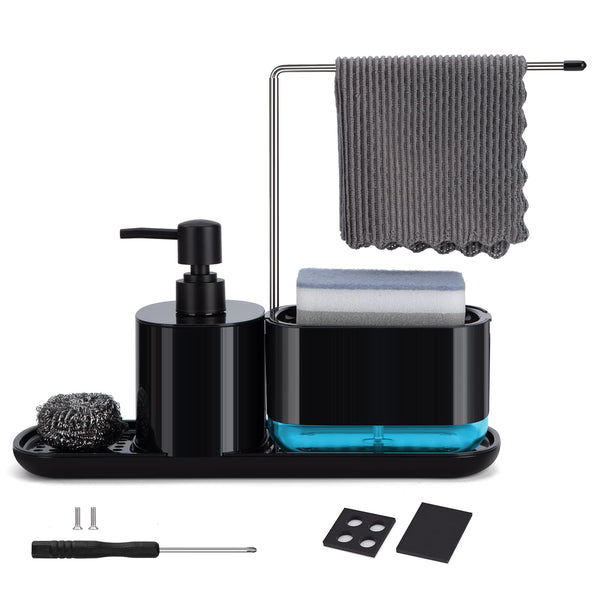 Dish Soap Dispenser with Sponge Holder for Kitchen Sink 4 In 1 Soap Dispenser Set Replenishable Detergent Sink Organiser