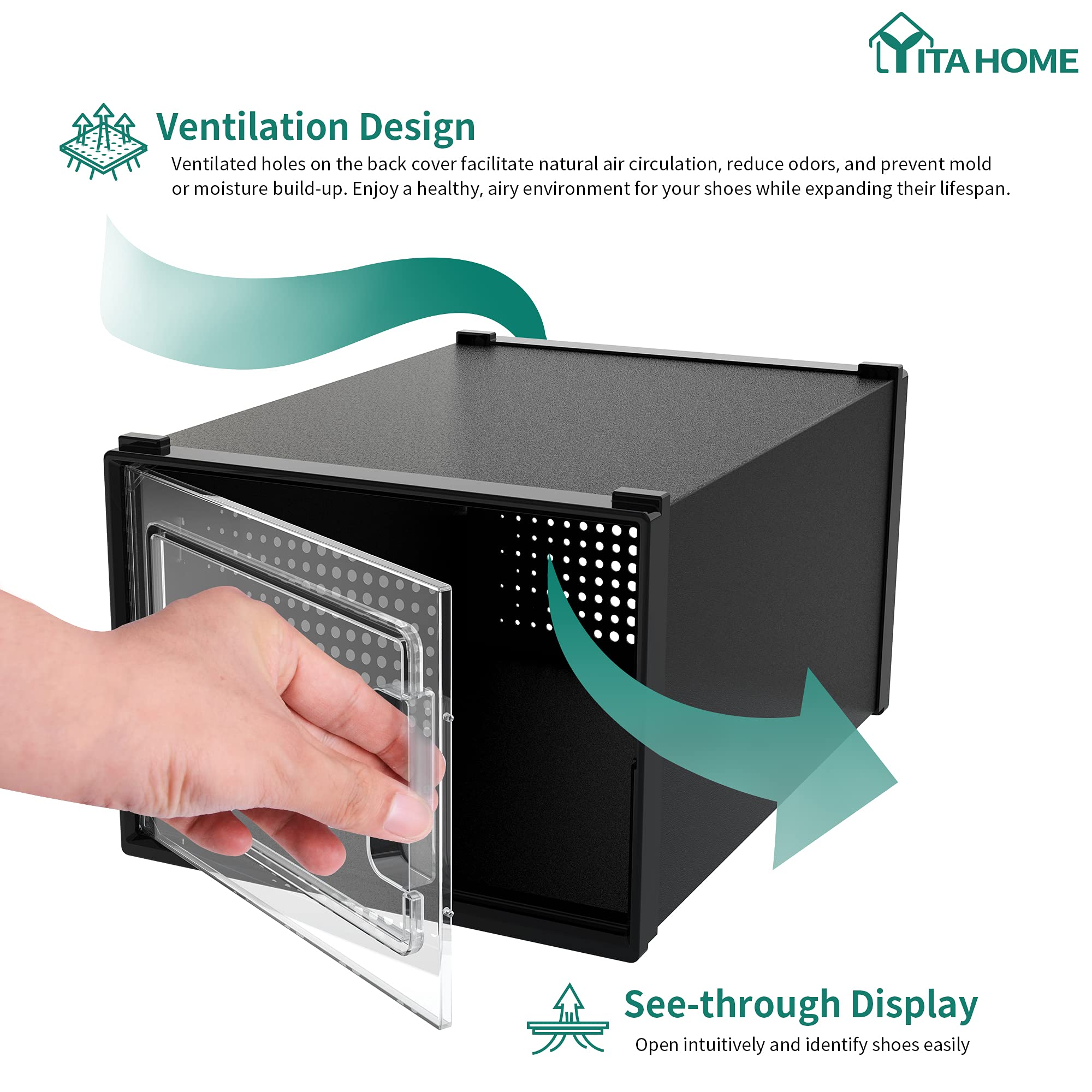 YITAHOME Shoe Box,12Pcs Stackable Shoe Containers,35.8x27.7x20.8cm,Fit up to UK Size 14,X-Large Size Shoe Storage,Non-toxic Plastic Drop Front Shoe