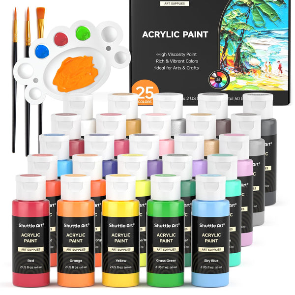 Shuttle Art Acrylic Paint Set, 25 Colours, 2oz/60ml Bottles with 3 Brushes & 1 Palette, Rich Pigmented, Waterproof for Artists, Beginners and Kids on