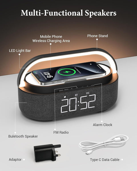 COLSUR Radio Alarm Clock Bluetooth Speaker, 15W Wireless Charger Alarm Clocks Bedside, Night Light, Loud Volume for Heavy Sleepers, Snooze, Dimmable LED Display, 2500mAh Battery