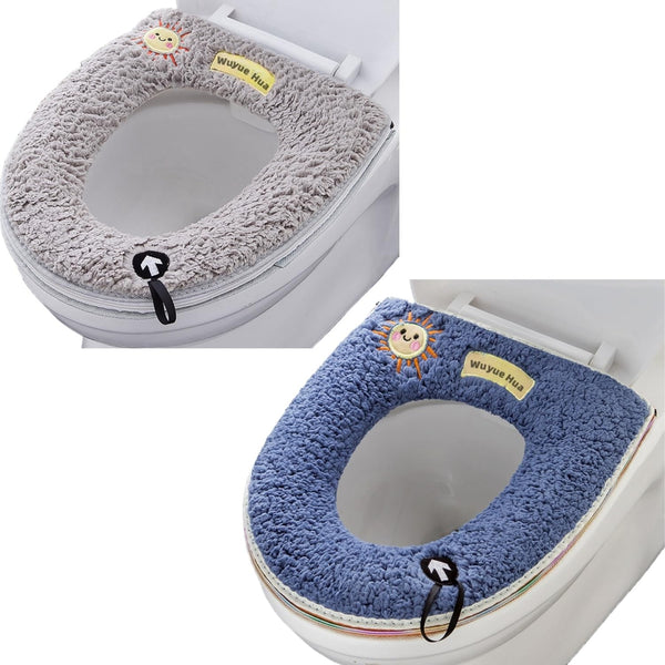 2Pcs Universal Home Toilet Seat Cushion with Hanging Loop Bathroom Soft and Warm Washable Toilet seat Cover Pads (Grey+Blue)