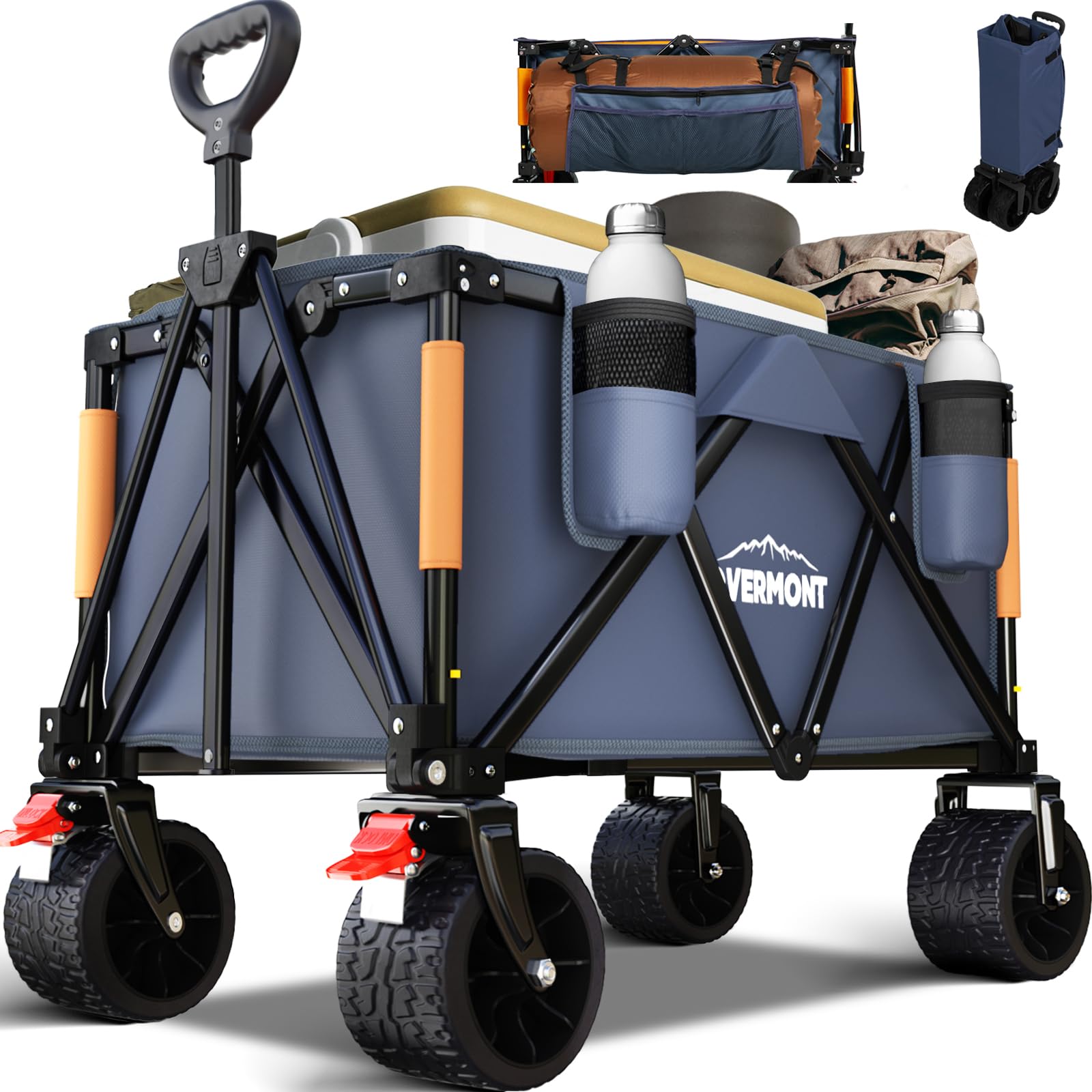 Overmont Festival Camping Trolley on Wheels - Heavy Duty Folding Beach Wagon Cart with Extra Wide Wheels, 330lbs Capacity, Adjustable Handle, Portable