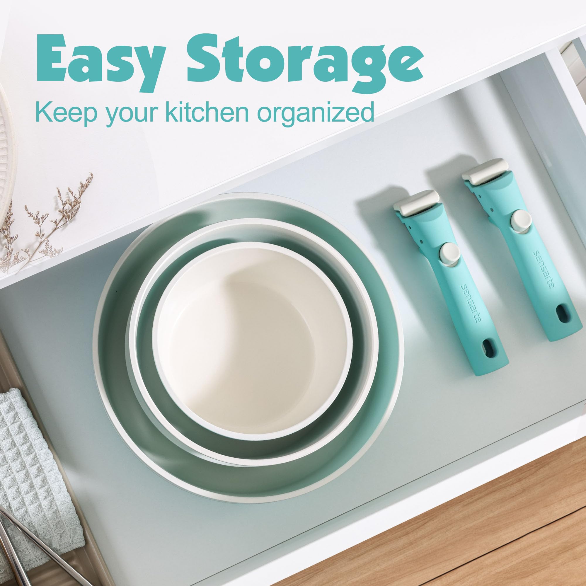 SENSARTE 17 Piece Pots and Pans Set, Nonstick Detachable Handle Cookware, Induction Kitchen Cookware Set with Removable Handle, Healthy Non Stick RV Cookware, Oven Safe (Black)