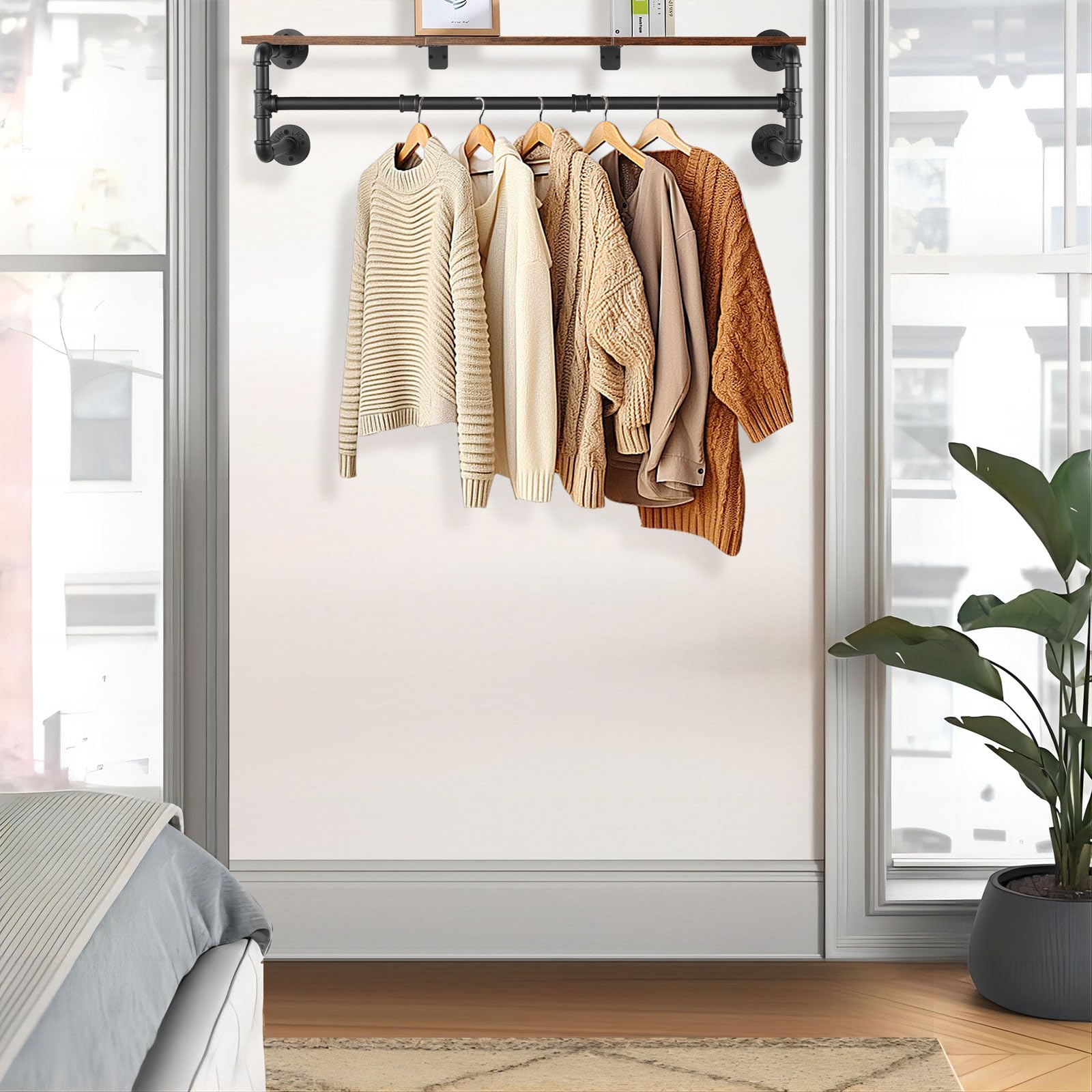 Yawinhe Industrial Pipe Wall Mounted Garment Rack, with Top Shelf, 105cm Heavy Duty Detachable Multi Purpose Hanging Rod, Space Saving Hanger with 4