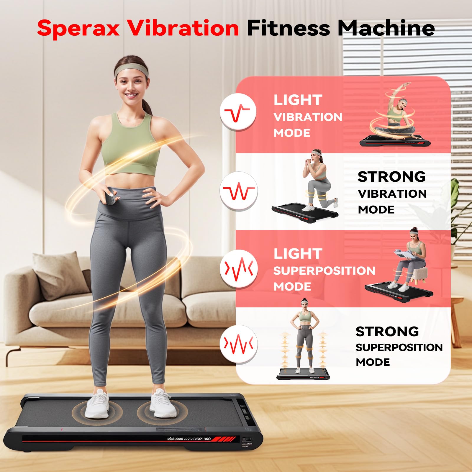 Sperax 4 in 1 Vibration Walking Pad, Portable Under Desk Treadmill, with Vibration Mode & APP Remote, Black RM02 with 5% and 10% Incline