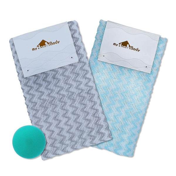 myHomeBody Extra Long Exfoliating Washcloth, Exfoliating Body Scrubber, Shower Towel, Long Bath Cloth, 3D Texture Silver Grey and Arctic Blue Chevron,