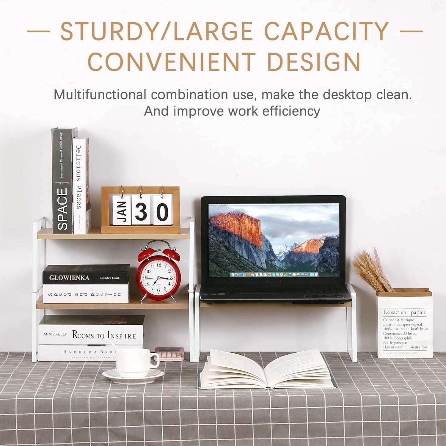 Wood Office Desk Shelf Organizer - Desktop Supplies Cute Dresser Top Organization Storage Rack and Cubicle Decor Aesthetic Bookshelf for Women Man and