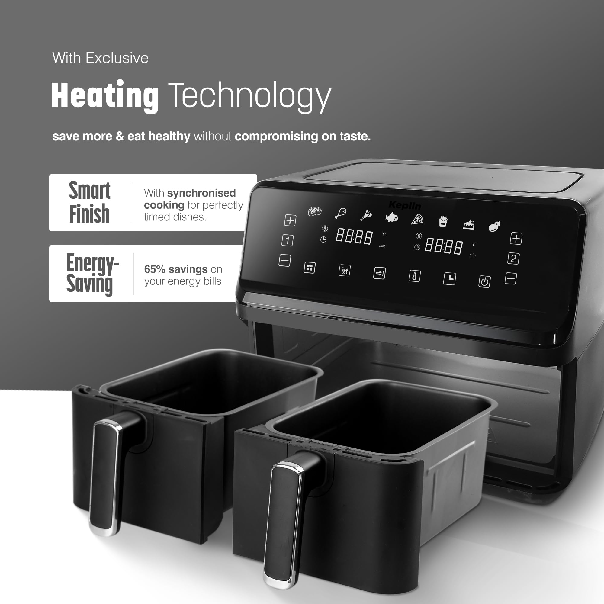 Essen by Keplin 9L Dual Zone Air Fryer - 2700W Energy-Saving Cooker with 6 Cooking Functions - Extra-Large Capacity for Healthy Meals - Roast, Bake, Dehydrate, Crisp - Family Size (9L)