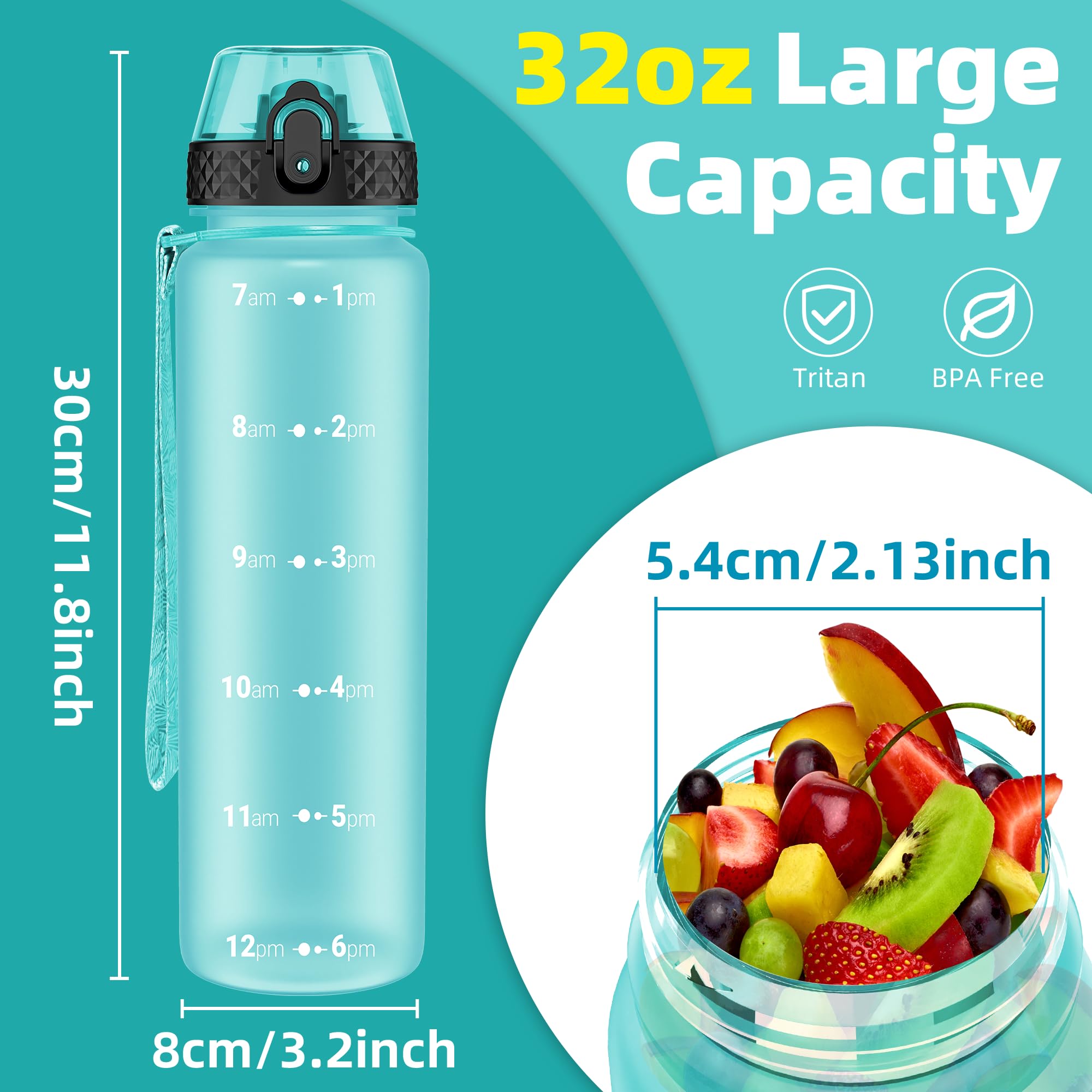 OLDLEY 1L/32oz Sports Water Bottle, 1000ml Motivational Drinks Bottle with Time Markings Leak Proof Drink & Lock Cover & No Straw, BPA Free for Adults Women Men Gym School Cycling Running Hiking