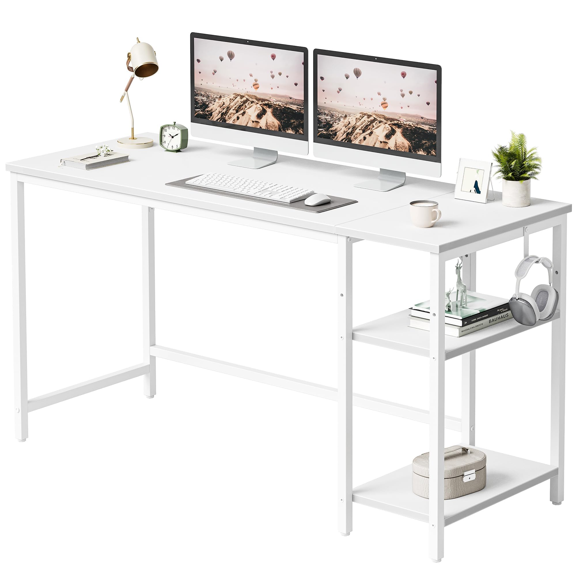 CubiCubi Computer Desk with Monitor Stand and Storage Shelves, 120cm Home Office Desk Study Writing Table, White