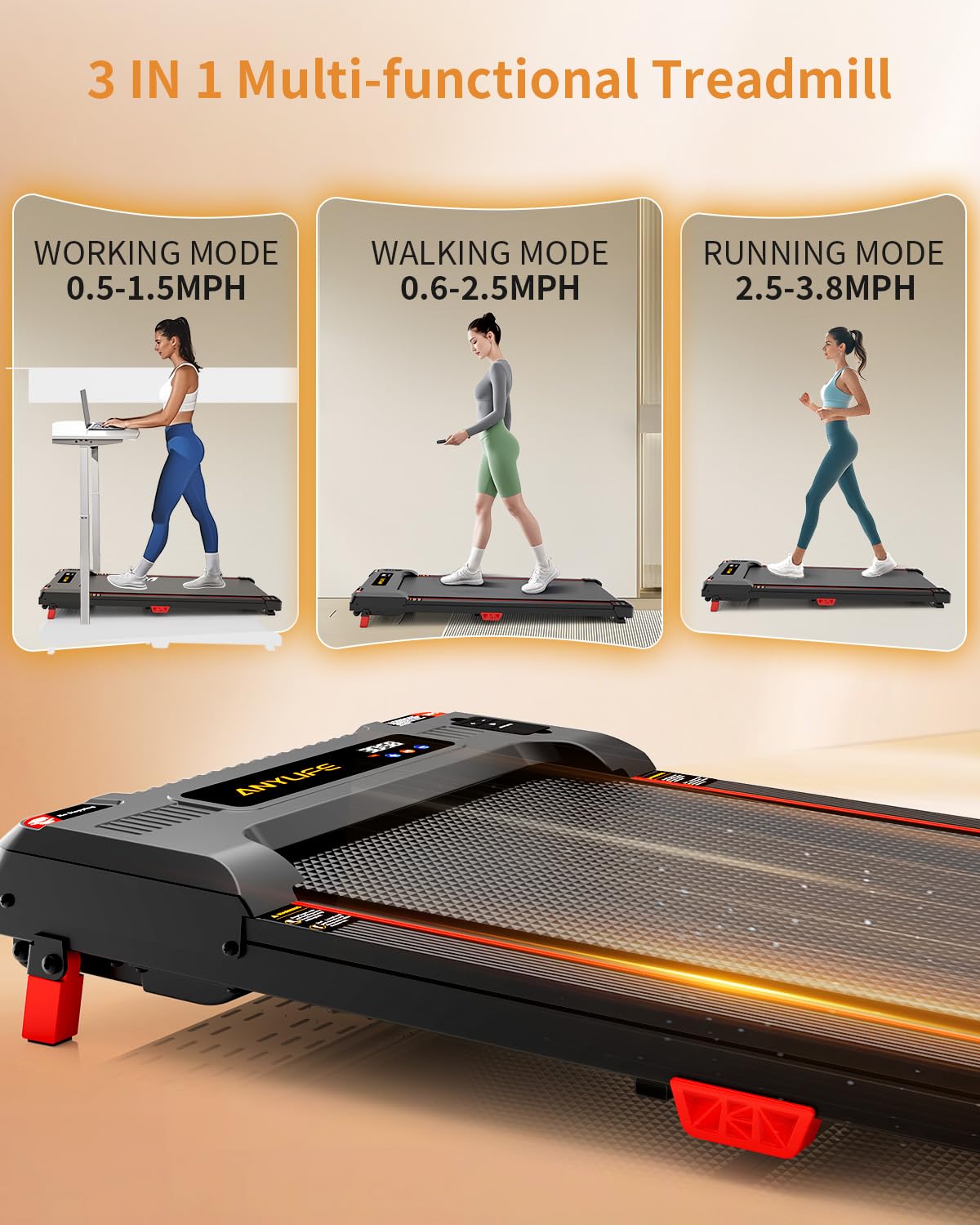 Walking Pad Treadmill, Anylife Incline Walking Pad Under Desk 330lbs Capacity, 2.5HP Portable Treadmills for Home, Compact Treadmill Small Running Pad with LED Display, Remote Control