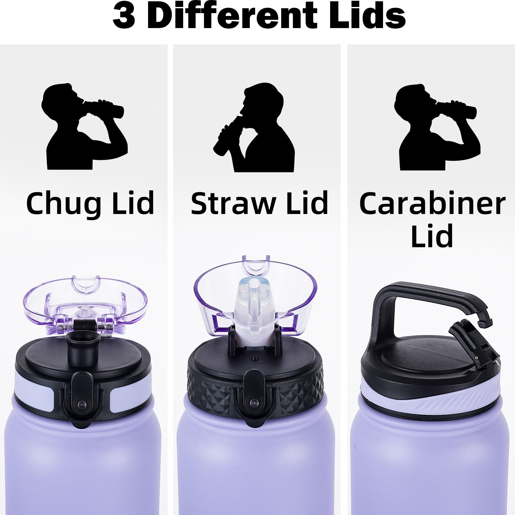 OLDLEY Stainless Steel Water Bottle with Straw 1L Vaccum Insulated Large Drink Flask Metal Water Bottles 1 Litre Leakproof Keep Drinks Hot Cold for Sports Gym with Different Lids(Purple Green, 3 Lids)