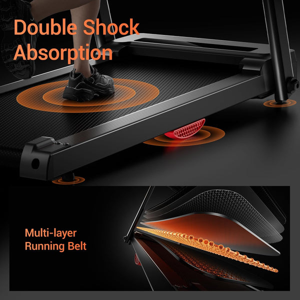 Treadmills for Home, 3.0HP Quiet Brushless Folding Treadmill with Heart Rate Sensor, Dual Cushion System, 300lbs Weight Capacity, Holder for Cup & Phone