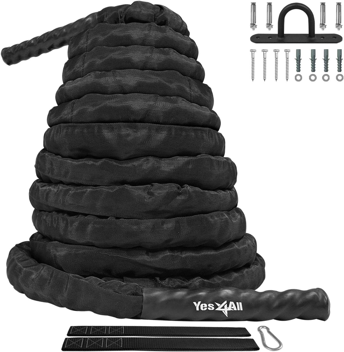 Yes4All Battle Exercise Training Rope with Protective Cover ? Steel Anchor & Strap Included - 38mm / 50mm Diameter Poly Dacron 9m, 12m, 15m Length