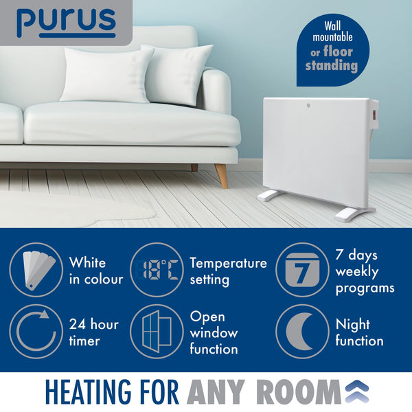 Purus 600W Grey Electric Radiator Heaters for Home, Bathroom Safe Electric Heater Setback Timer Lot 20 & Advanced Thermostat Control Wall Mounted or Floor Standing Low Energy Panel Heater