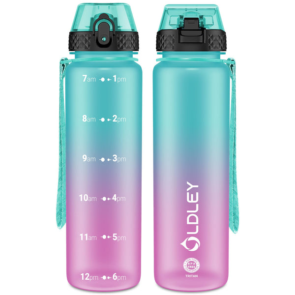 OLDLEY 1L/32oz Sports Water Bottle, 1000ml Motivational Drinks Bottle with Time Markings Leak Proof Drink & Lock Cover & No Straw, BPA Free for Adults Women Men Gym School Cycling Running Hiking