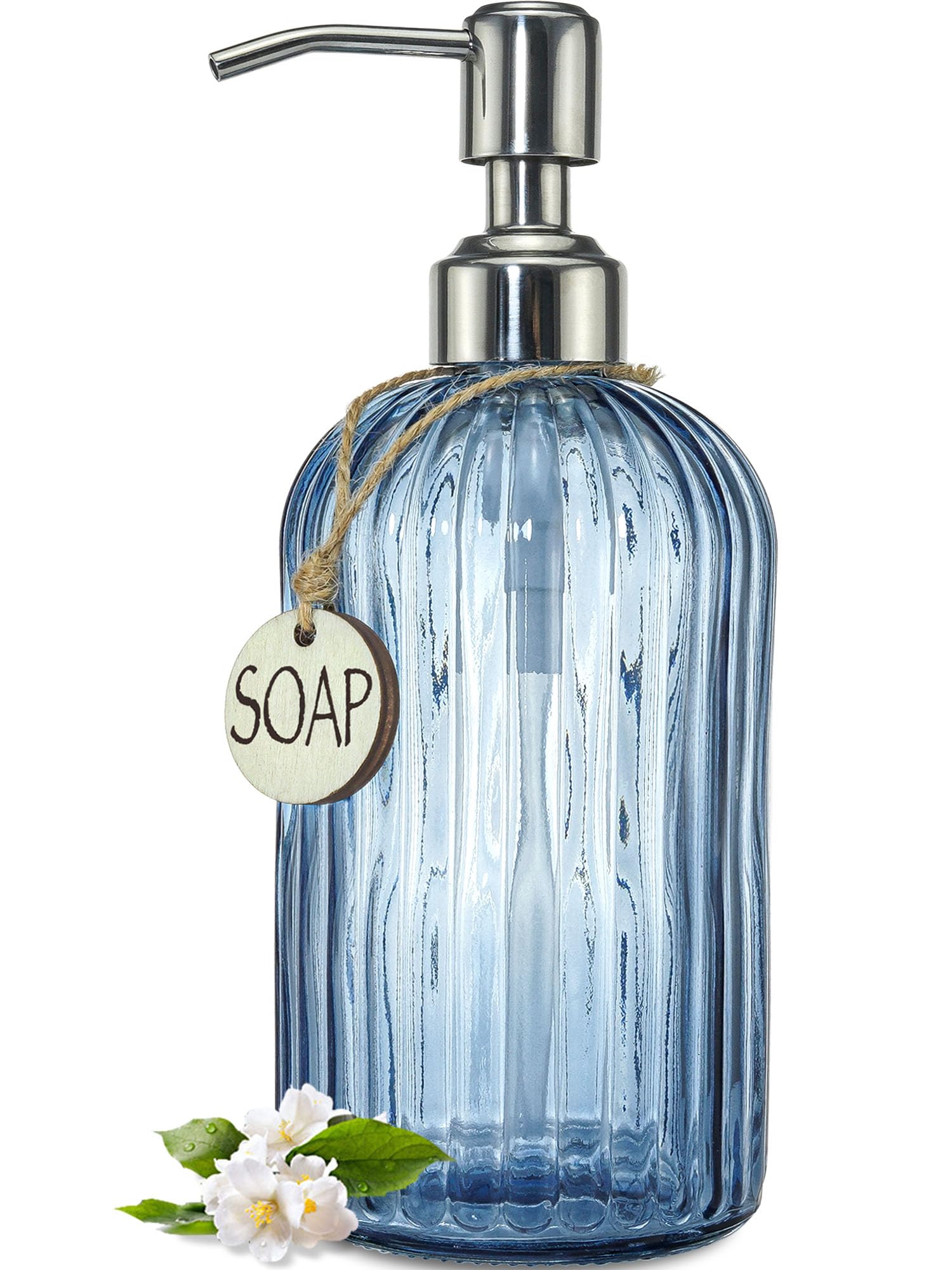 JASAI 18Oz Navy Blue Glass Soap Dispenser for Kitchen & Bathroom, Refillable Kitchen soap Dispenser with Vertical Stripe, Bathroom Soap Dispenser for