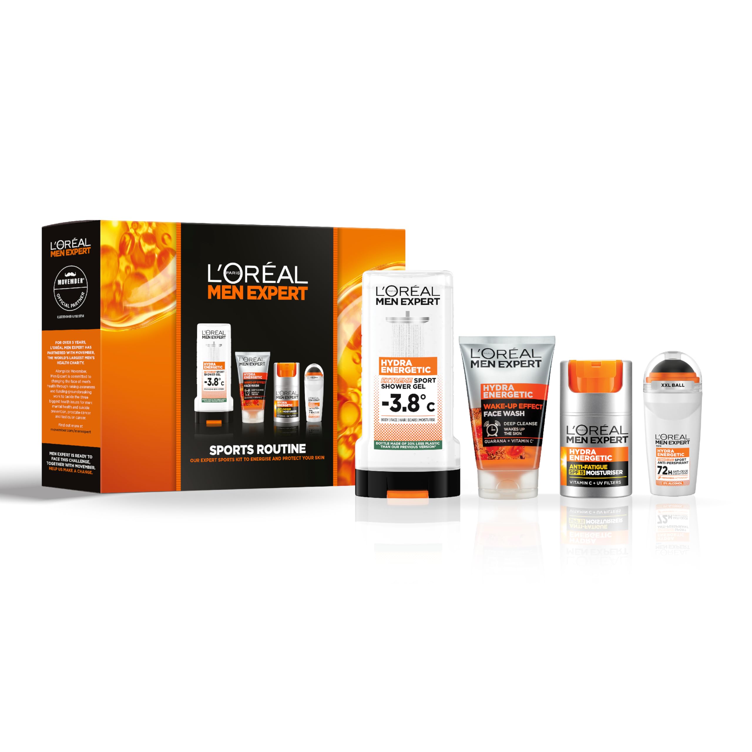 L'Or?al Men Expert, Sports Routine Men Gift Set, 4-Step Routine to Cleanse & Protect After Exercise, with SPF15 Moisturiser, Face Wash, Cooling Shower