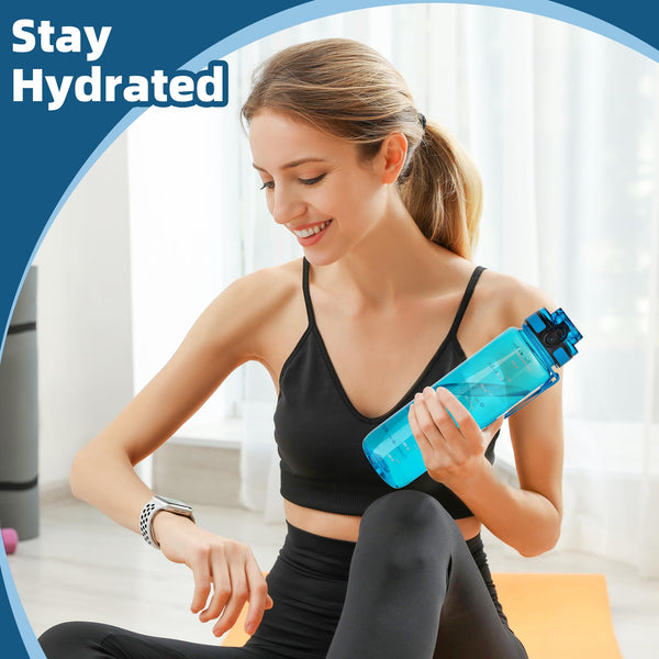 OLDLEY 1L/32oz Sports Water Bottle, 1000ml Motivational Drinks Bottle with Time Markings Leak Proof Drink & Lock Cover & No Straw, BPA Free for Adults Women Men Gym School Cycling Running Hiking