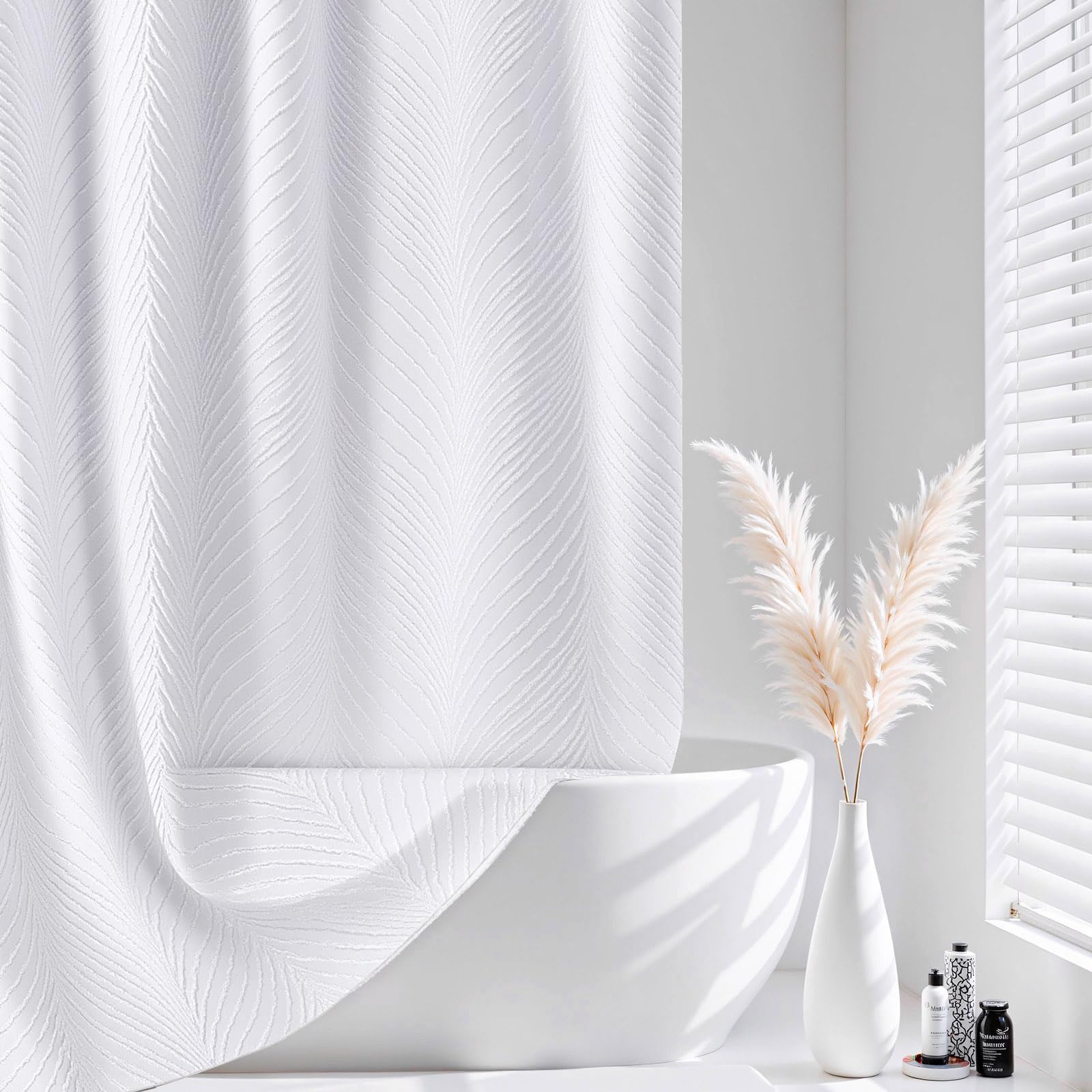 FY&XZH Boho Shower Curtain with 12 Stainless Steel Hooks, Soft Fabric with Tufted Leaf and Striped Texture, Waterproof, Weighted Hem, Shower Curtains