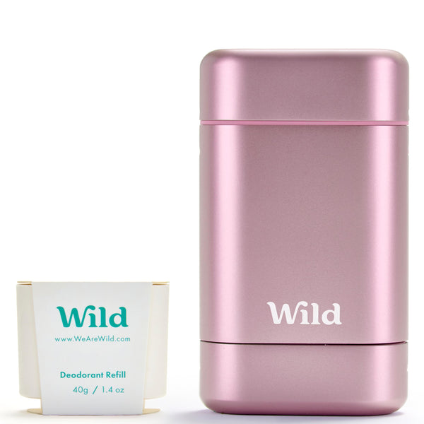 Wild - Natural Refillable Deodorant Starter Kit with Pink Case and Fresh Cotton & Sea Salt Scented Refill (40g) - Aluminium Free - Long Lasting