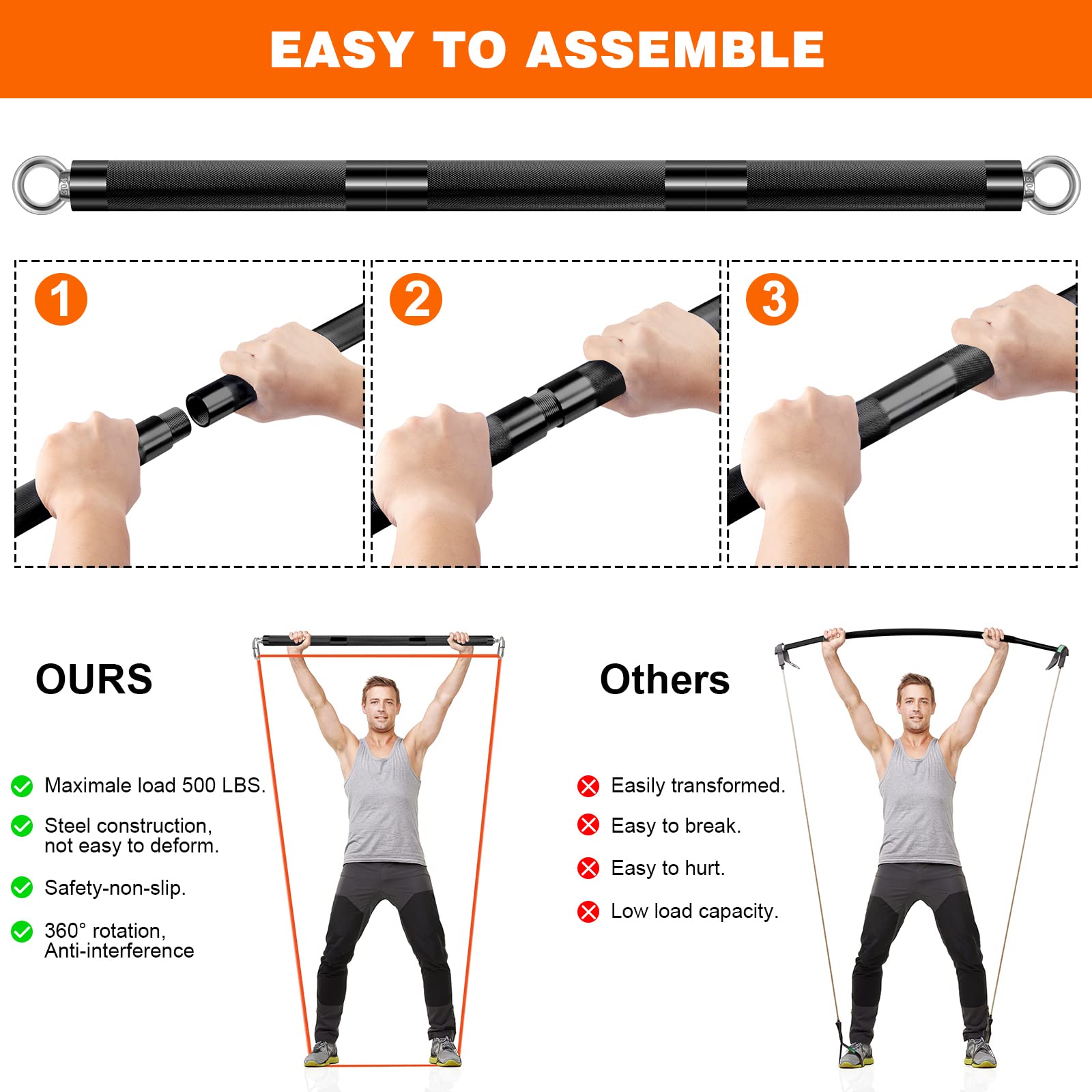 DASKING Resistance Bands Bar, Portable Fitness Workout Bars with Triangle Hooks, Detachable Stick x3 to 98cm/68cm Exercise Bar for Pilates, Yoga,
