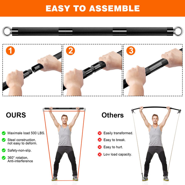 DASKING Resistance Bands Bar, Portable Fitness Workout Bars with Triangle Hooks, Detachable Stick x3 to 98cm/68cm Exercise Bar for Pilates, Yoga,