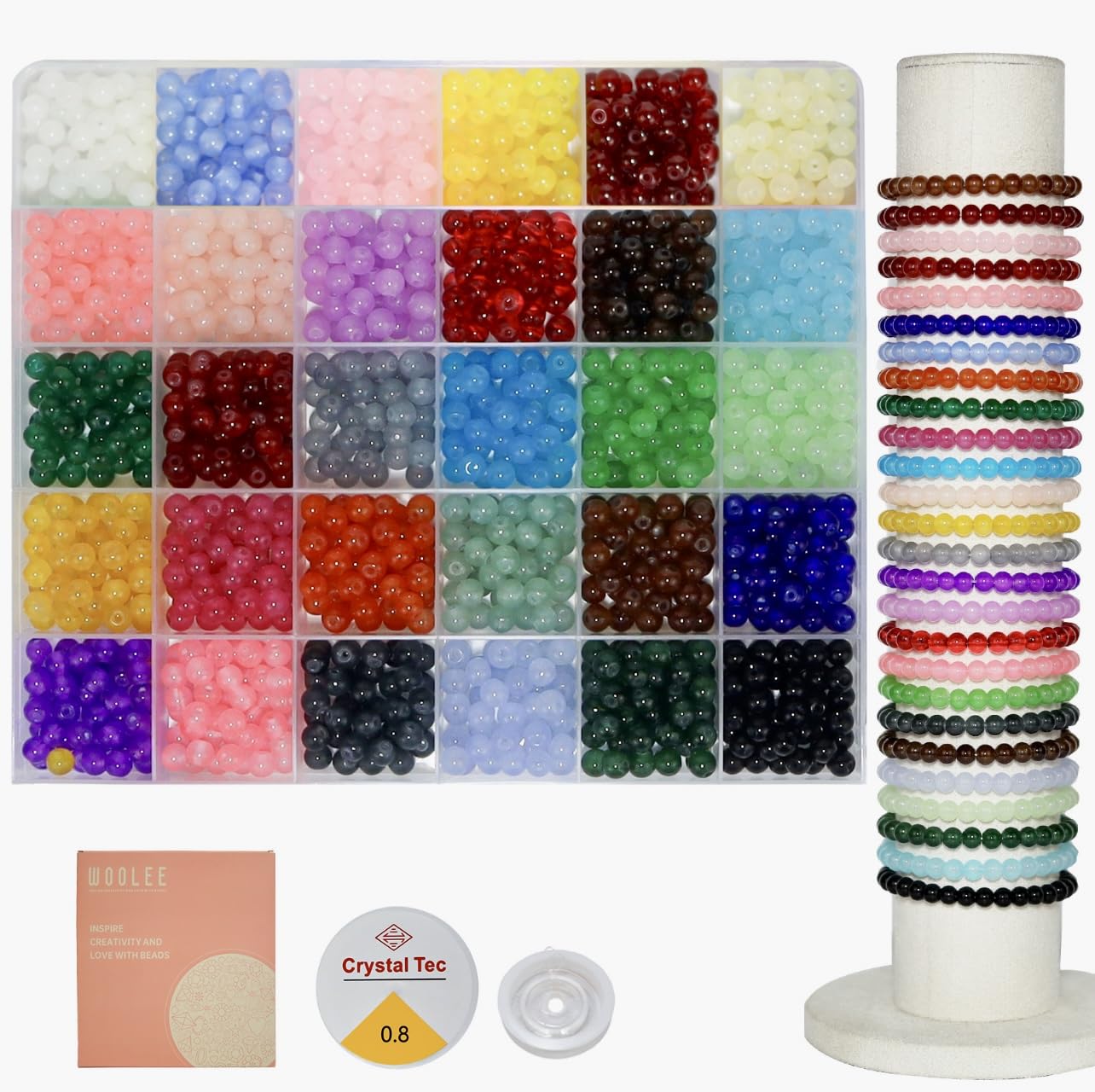 WOOLEE 1500Pcs Glass Beads Bracelet Making Kit, 30 Colors 6MM Crystal Round Glass Beads Jewelry Making kit. Bracelet, Necklace, Earrings and Phone