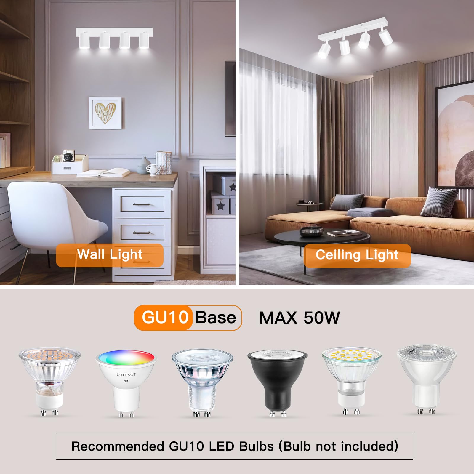 Ketom Adjustable 4 Way Ceiling Spotlight Fitting - GU10 LED Ceiling Light Rotatable - Indoor Spotlights Ceiling Lights - Modern White Metal Ceiling