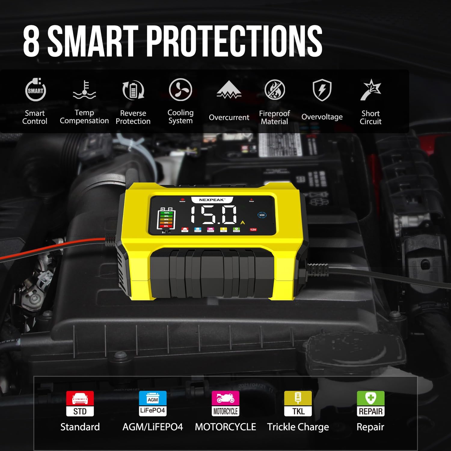 15A Car Battery Charger, NEXPEAK 12V 15A/24V 8A Automatic Smart Battery Charger with Temperature Compensation for Car, AGM, Gel, Wet, SLA for Lead Acid Batteries and LiFePO4 Batteries