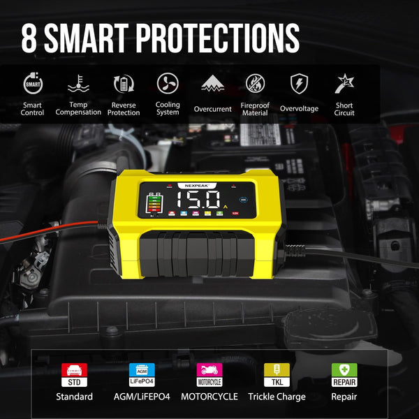 15A Car Battery Charger, NEXPEAK 12V 15A/24V 8A Automatic Smart Battery Charger with Temperature Compensation for Car, AGM, Gel, Wet, SLA for Lead Acid Batteries and LiFePO4 Batteries