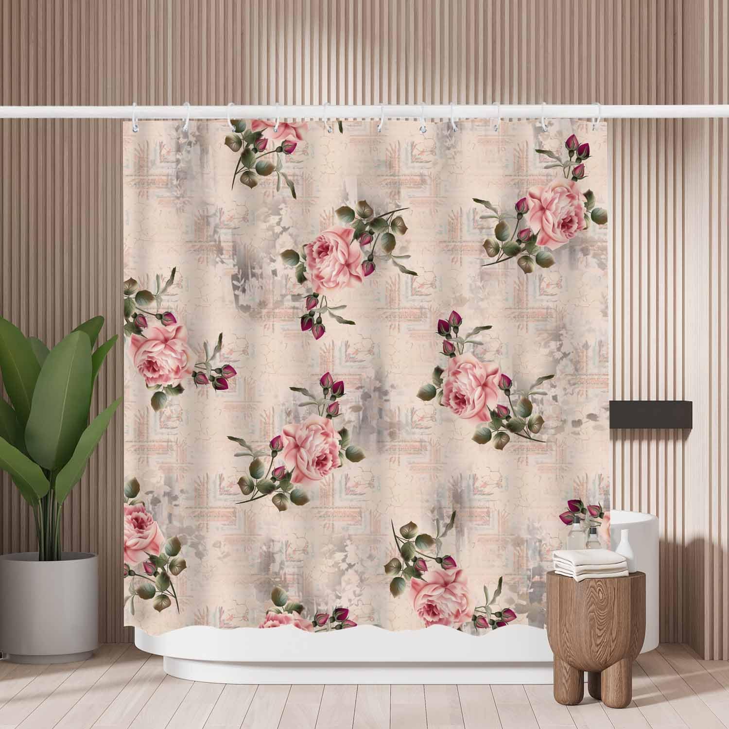 Woutay Shower Curtain Mould Proof Resistant Pink Beautiful Floral,Water Repellant Fabric,Polyester,with 12 Plastic Hooks