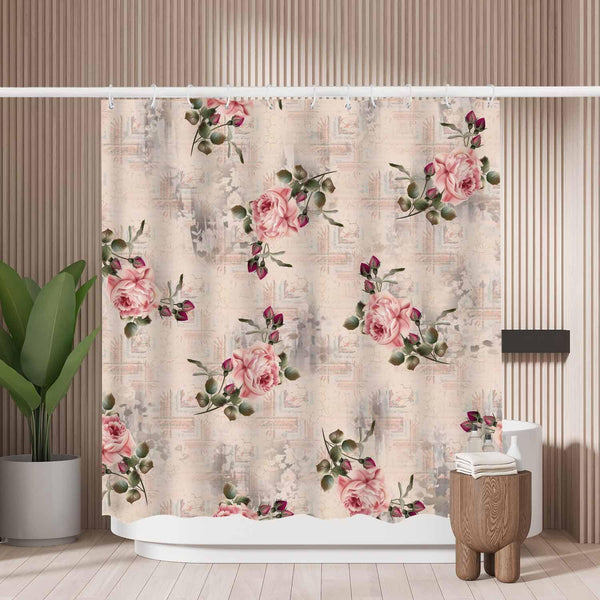 Woutay Shower Curtain Mould Proof Resistant Pink Beautiful Floral,Water Repellant Fabric,Polyester,with 12 Plastic Hooks