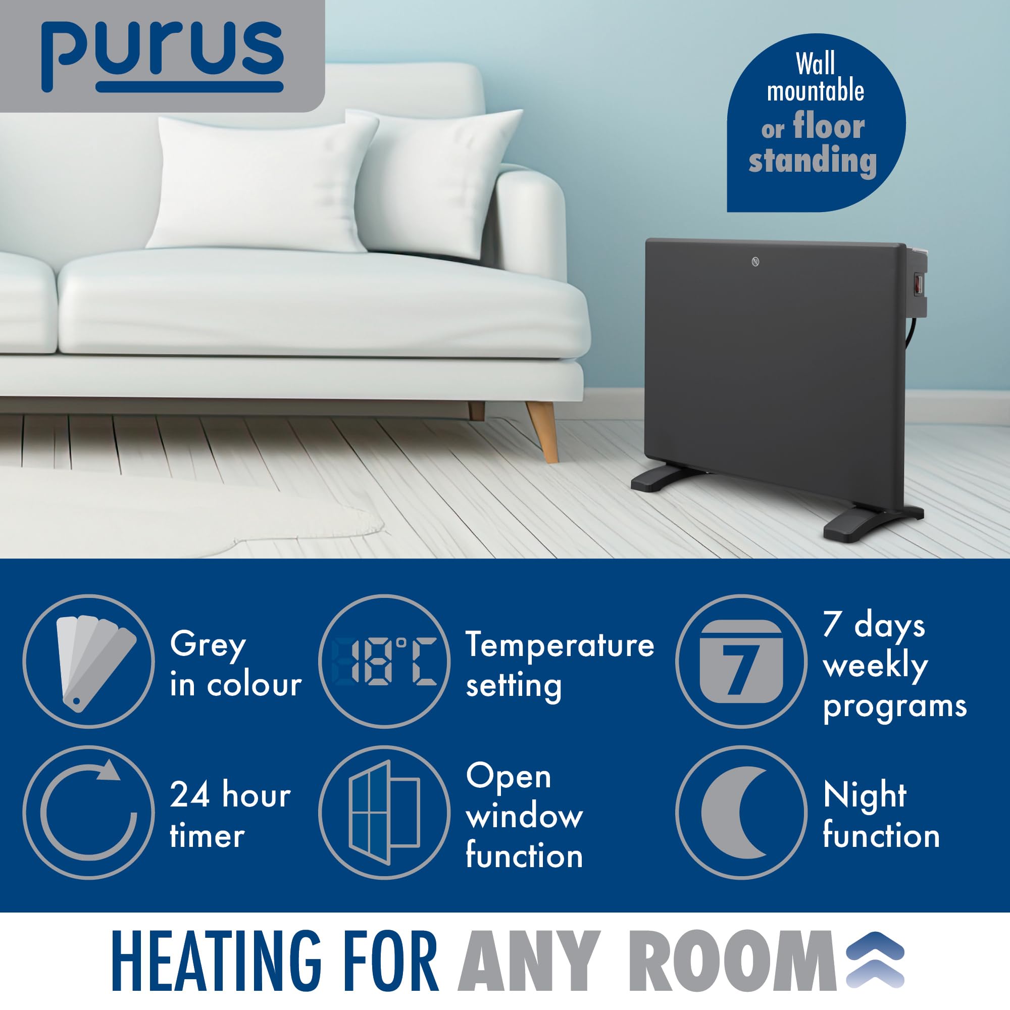 Purus 600W Grey Electric Radiator Heaters for Home, Bathroom Safe Electric Heater Setback Timer Lot 20 & Advanced Thermostat Control Wall Mounted or Floor Standing Low Energy Panel Heater