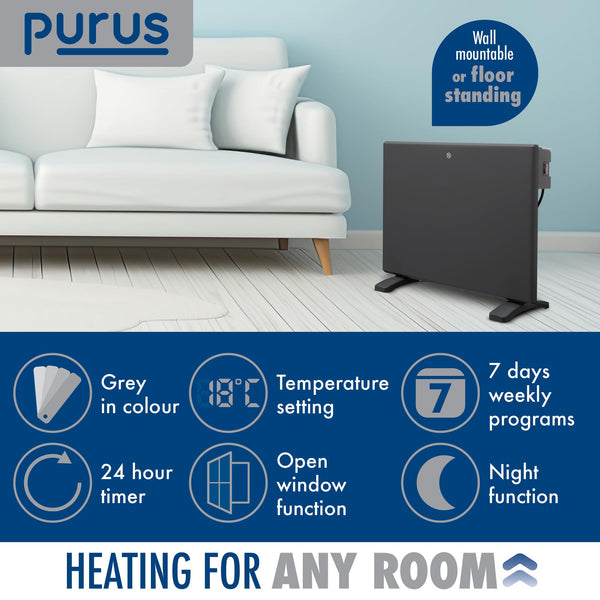 Purus 600W Grey Electric Radiator Heaters for Home, Bathroom Safe Electric Heater Setback Timer Lot 20 & Advanced Thermostat Control Wall Mounted or Floor Standing Low Energy Panel Heater