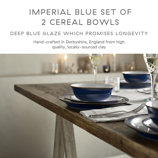 Denby - Imperial Blue Cereal Bowls Set of 2 - Dishwasher Microwave Safe Crockery 650ml 16.5cm - Royal Blue, White Ceramic Stoneware Tableware - Chip &