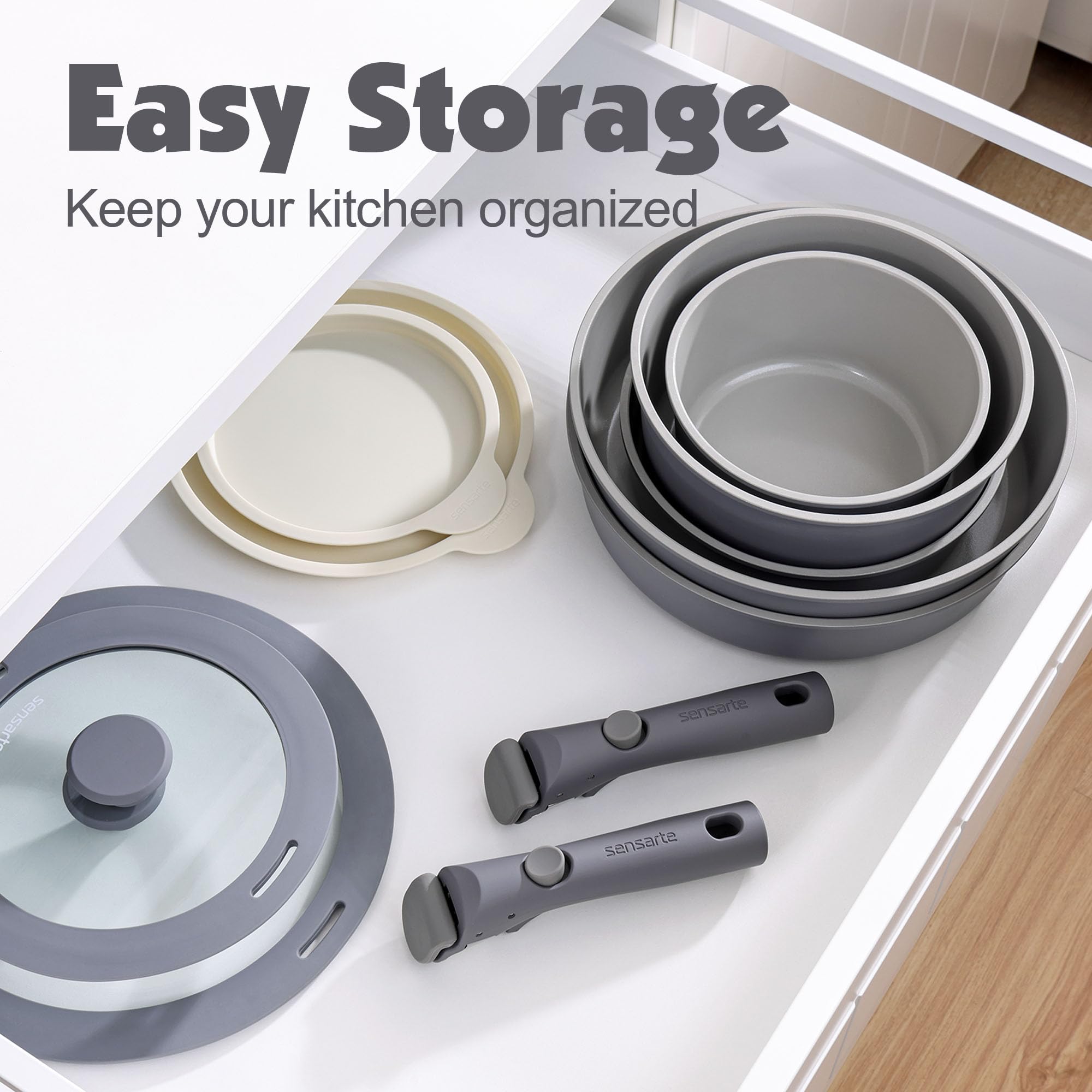 SENSARTE 17 Piece Pots and Pans Set, Nonstick Detachable Handle Cookware, Induction Kitchen Cookware Set with Removable Handle, Healthy Non Stick RV Cookware, Oven Safe (Black)