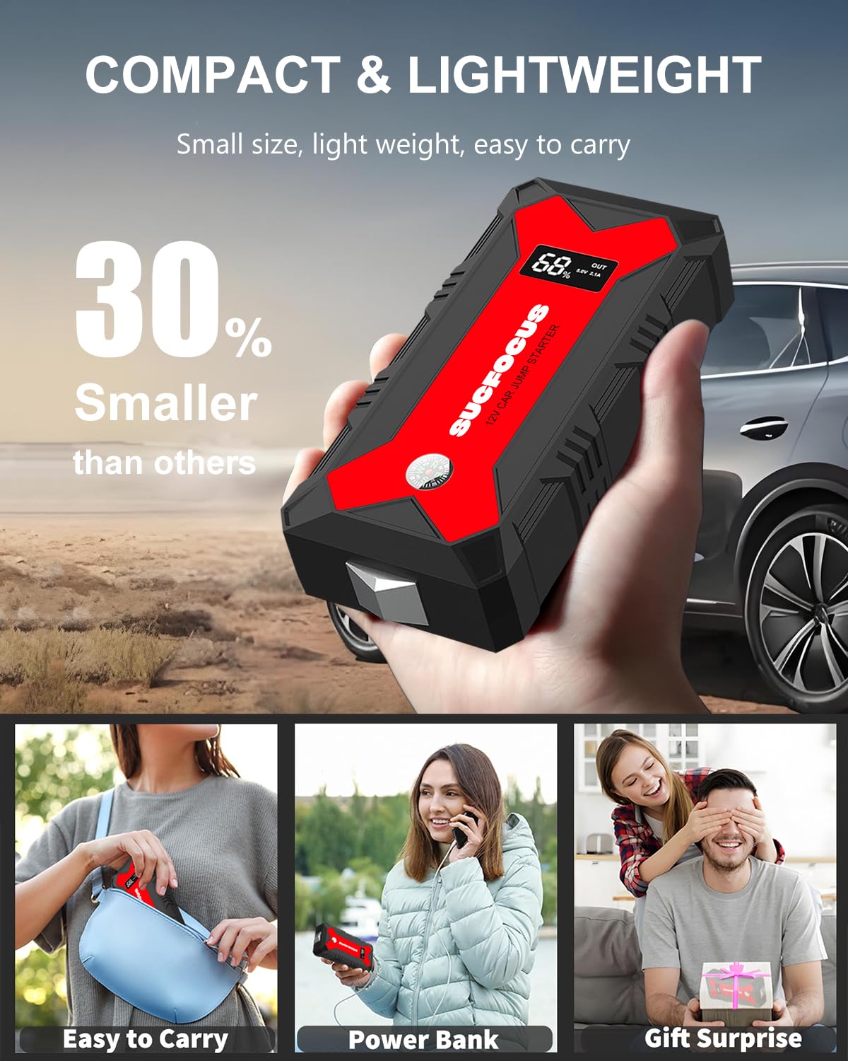 Car Battery Jump Starter, 2500A Jump Starter (for 8.0L Gas or 6.5L Diesel Engine), Battery Jumper Starter Portable, Jump Box, Jump Start Battery Pack with Jumper Cable, LED Light/USB QC3.0 (Red Black)