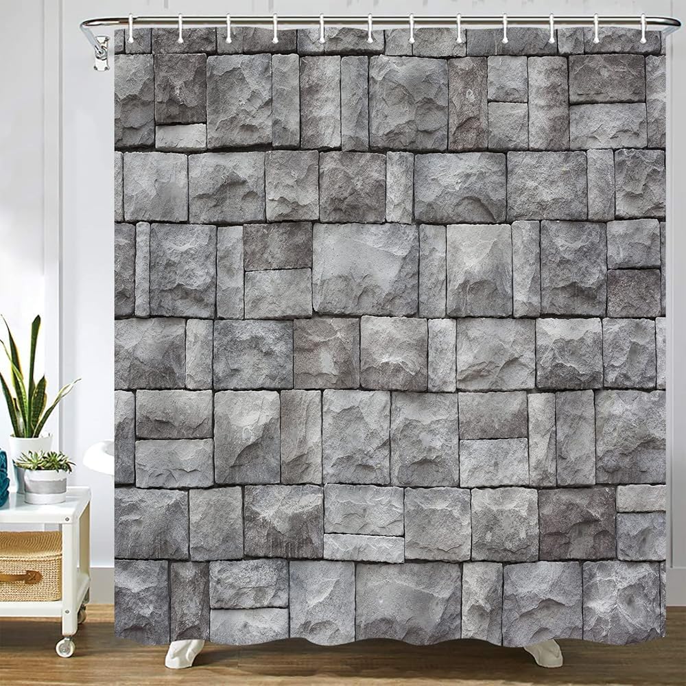 GardEssere Grey City Wall Shower Curtain with 12 Hooks Rock Stone Wall Old Brick Architect Shower Curtains for Bathroom Decor Waterproof Bath Curtain