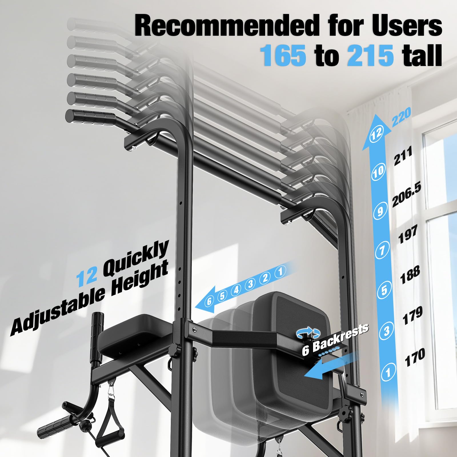 Dskeuzeew Power Tower Dip Station Pull Up Bar, Adjustable Height Multi-Function Power Tower, Push Up Workout Abdominal Exercise for Home Gym Strength Training Fitness Workout Equipment