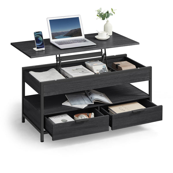 VASAGLE Lift Top Coffee Table, Living Room Table, with Storage Drawers, Hidden Compartments, and Open Shelf, Rustic Brown and Ink Black LCT209K01