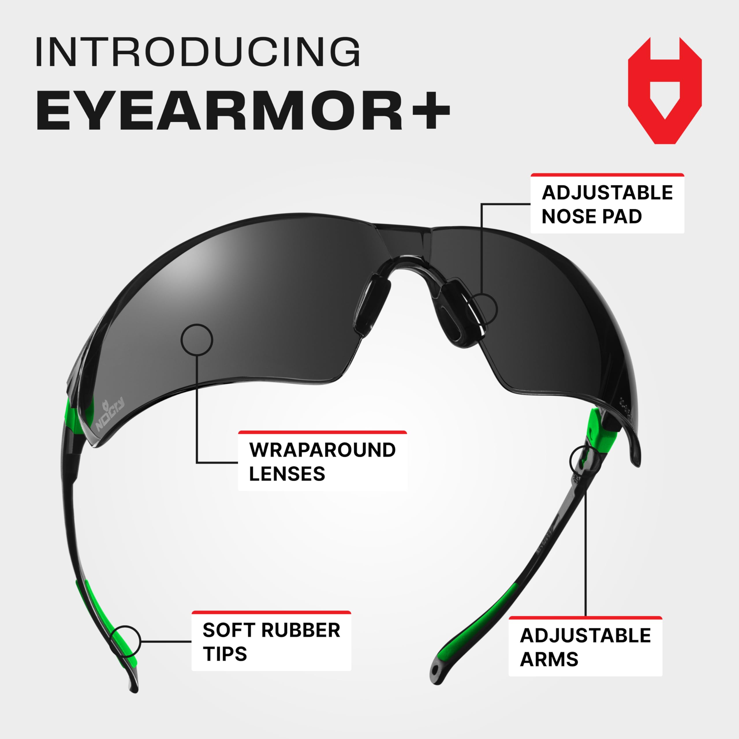 NoCry Clear Safety Glasses for Work with Anti Fog Scratch Resistant Wrap-Around Lenses and Non-Slip Grips, UV Protection. Adjustable Eye Protection Cycling and Squash Glasses with Black & Green Frames